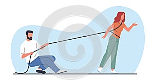 Man uses rope to restrain woman. Male controlling female. Constraint and pressure. Couple relationship. Marriage