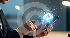 Man uses smartphone displaying futuristic cloud computing technology and digital data interface