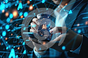 Man using Ai Phone with virtual digital chatbot, robot application, conversation assistant, AI