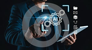 Man using AI on tablet with gears data cloud and virtual reality applications integration