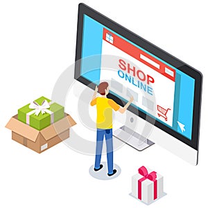 Man using application for buying and ordering goods via Internet. Monitor with sales website