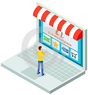 Man using application for buying and ordering goods via Internet. Monitor with sales website