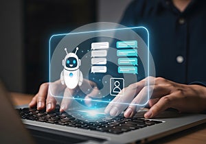 Man using artificial intelligence chatbot interface on smartphone, interacting with AI technology for communication and support