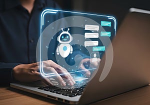 Man using artificial intelligence chatbot interface on smartphone, interacting with AI technology for communication and support