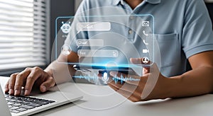 Man using artificial intelligence chatbot interface on smartphone, interacting with AI technology for communication and support