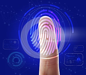 Man using biometric fingerprint scanner on blue background, closeup