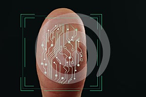 Man using biometric fingerprint scanner on background, closeup