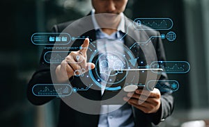 Man using chat bot in smartphone intelligence Ai. Chat with AI Artificial Intelligence, developed by OpenAI generate. robot in