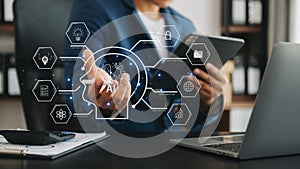 Man using chat bot in smartphone intelligence Ai. Chat with AI Artificial Intelligence, developed by OpenAI generate. robot in