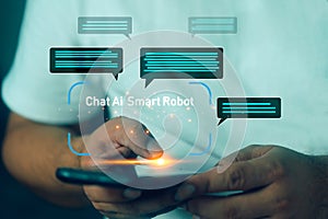 Man using chatbot AI app on mobile phone to help and support work