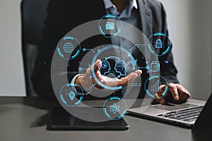Man using chatbot in computer and tablet smart intelligence Ai.Chat with AI Artificial Intelligence, developed by OpenAI generate