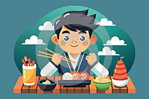 A man using chopsticks to eat sushi, Eating sushi Customizable Cartoon Illustration