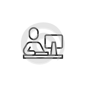 Man using computer at desk line icon