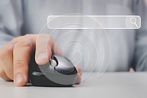 Man using a computer keyboard for searching for information, data search technology search engine optimization