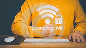Man using a computer keyboard to connect to wifi and waiting to loading digital business data form website.