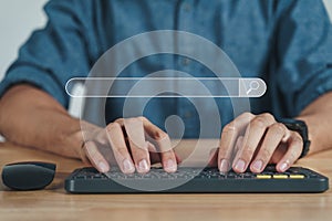 Man using a computer keyboard to Searching for information with the Search bar, Web browser, Data Search, Search Engine,