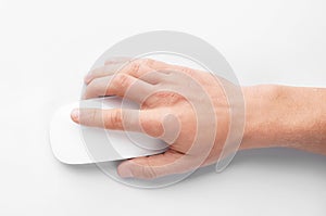 Man using computer mouse on white background