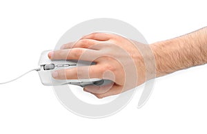 Man using computer mouse on white, top view