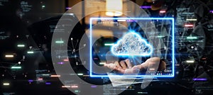 Man using computer to upload data to secure and privacy protected storage on cloud technology or edge computing. Artificial