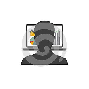 Man using computer, vector icon on white isolate
