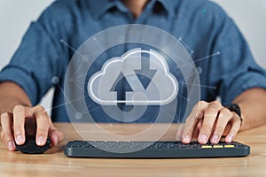 Man using computer with virtual cloud computing with connection line.Cloud computing system for sharing download and upload big
