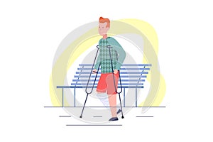 Man using crutches. Person with surgical orthopedic cast walking with crutch. Disabilities concept. Vector illustration isolated