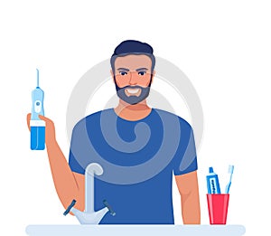 Man using dental irrigator, oral hygiene tool. Dental health concept. Cleaning teeth. Vector illustration