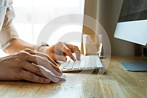 Man using desktop pc computer, mobile office