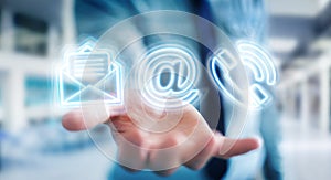 Man using digital contact blue holographic interface 3D rendering