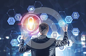 Man using digital security interface night city