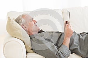 Man Using Digital Tablet On Sofa At Home