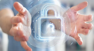 Man using digital web protection blue holographic interface 3D rendering