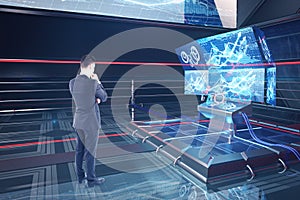 Man using futuristic benchboard