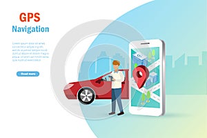 Man using GPS navigation on smartphone online find driving location and direction for street map. Smart global positioning system