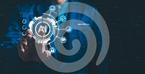 Man using hand AI, Artificial Intelligence to generate content. Text to image, speech, smart AI, by enter command prompt for