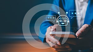 Man using hand AI, Artificial Intelligence to generate content. Text to image, speech, smart AI, by enter command prompt for