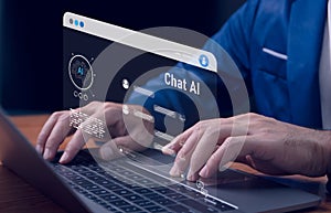 Man using hand AI, Artificial Intelligence to generate content. Text to image, speech, smart AI, by enter command prompt for