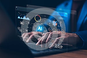 Man using hand AI, Artificial Intelligence to generate content. Text to image, speech, smart AI, by enter command prompt for