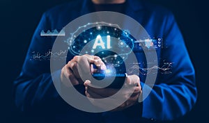 Man using hand AI, Artificial Intelligence to generate content. Text to image, speech, smart AI, by enter command prompt for