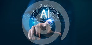 Man using hand AI, Artificial Intelligence to generate content. Text to image, speech, smart AI, by enter command prompt for
