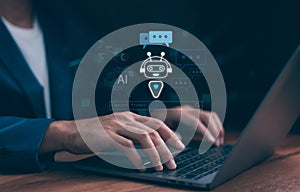 Man using hand AI, Artificial Intelligence to generate content. Text to image, speech, smart AI, by enter command prompt for