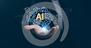Man using hand AI, Artificial Intelligence to generate content. Text to image, speech, smart AI, by enter command prompt for