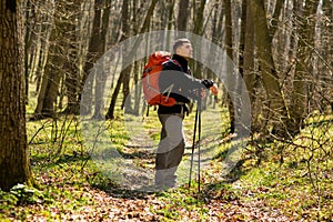 Man using hiking sticks poles outdoors in woods.