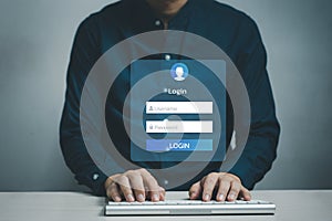 Man using keyboard computer login interface on touch screen. user name and password inputs on virtual digital account online