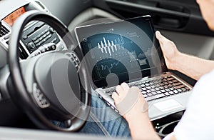 Man using laptop computer in car