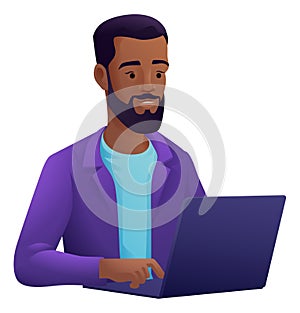 Man Using Laptop Computer Cartoon Illustration