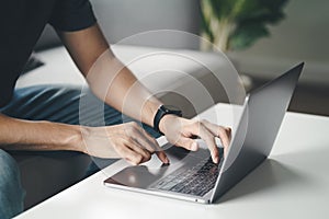 Man using a laptop computer to Searching for information, Web browser, Data Search, Search Engine, Technology Concept