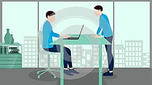 Man using laptop and other man is standing near the table, business concept vector character illustration on flat building