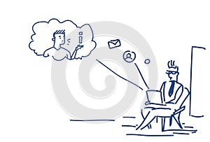 Man using laptop sitting pose online communication concept chat messenger application sketch doodle horizontal
