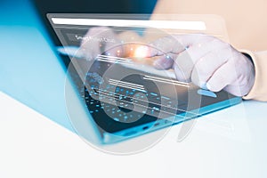 Man using laptop and touch smart robot chat. Futuristic technology transformation